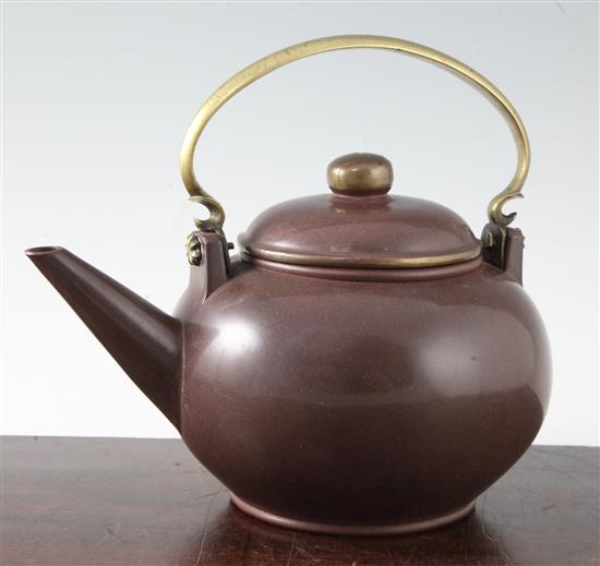 A large Yixing polished pottery and bronze mounted globular teapot and cover, c.1900, height 12cm